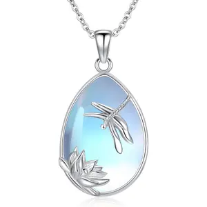 Dragonfly Lotus Necklace 925 Sterling Silver Lotus Pendant Moonstone Teardrop Dragonfly Necklaces Jewelry Gifts for Women Mother's Day Father's Day
