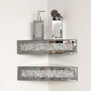 A Set of Two Mirrored Floating Corner Shelves, Featuring Silver Mirrors And Diamond Decorations, Designed for Showcasing Crystal Diamond Wall Art Highlights in Home Decor.