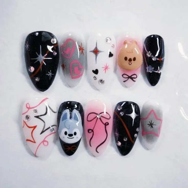 Handmade Stray Kid Press On Nails, Wolf Chan Han Quokka K-Pop Y2K 3D Charm Heart Star Bow Rhinestone Fake Nails, Reusable Custom Gel Nail Set with Free Adhesive Tabs Nail File Cuticle Stick