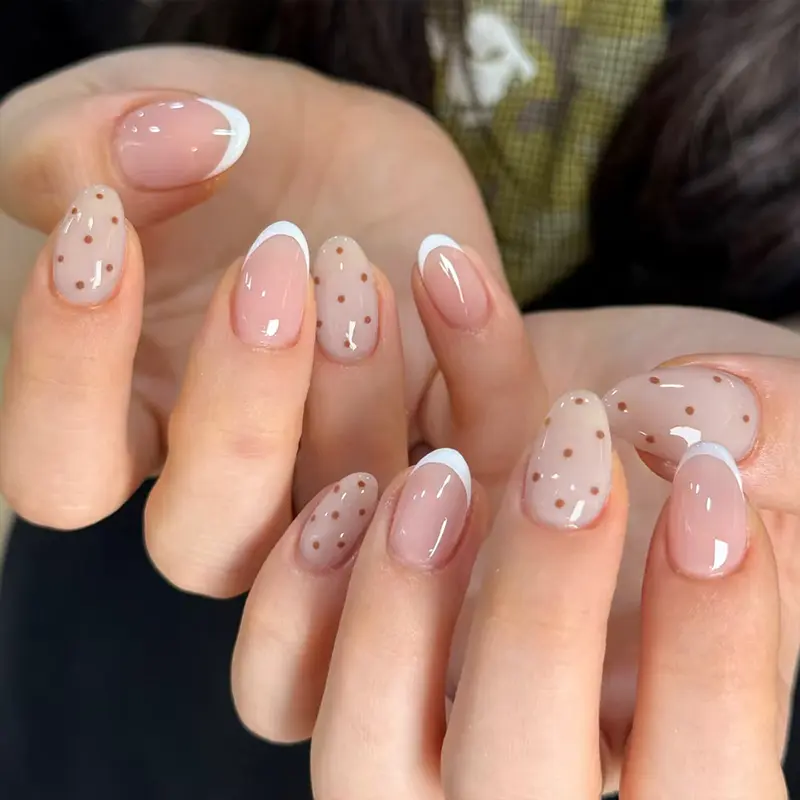 24pcs Short Oval Cute Cartoon Polka Dot Design French Glossy Acrylic False Nails Set, Includes Jelly Glue and Nail File, Perfect for Women and Girls, Diy Fake Nails Kit, Nail Art Supplies