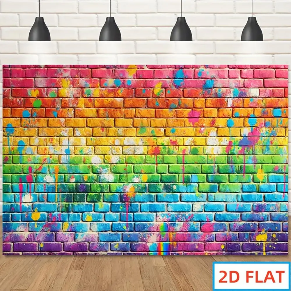 Polyester 2D Flat Rainbow Brick Wall Backdrop - Colorful Graffiti Print, Easy-Setup Banner for Happy Birthday, Parties, Ceremony Photo Booths