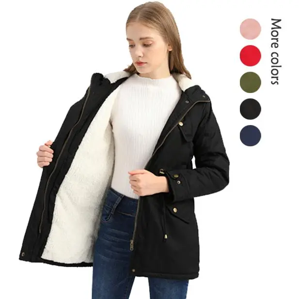 Women's Rain Coat, Hooded Waterproof Winter Jacket with Thick Fleece Lining, Long Sleeve Outdoor Tops in Polyester Fabric with Pockets, Comfortable, Outerwear, Outdoors