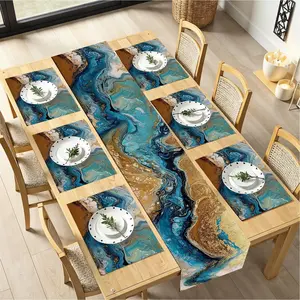 2D flat printing, 1 piece/2 piece/4 piece/6 piece/8 piece/5 piece set/7 piece set abstract tablecloth and placemat, blue and gold design, luxurious dining table decoration, suitable for dining tables, elegant home decoration