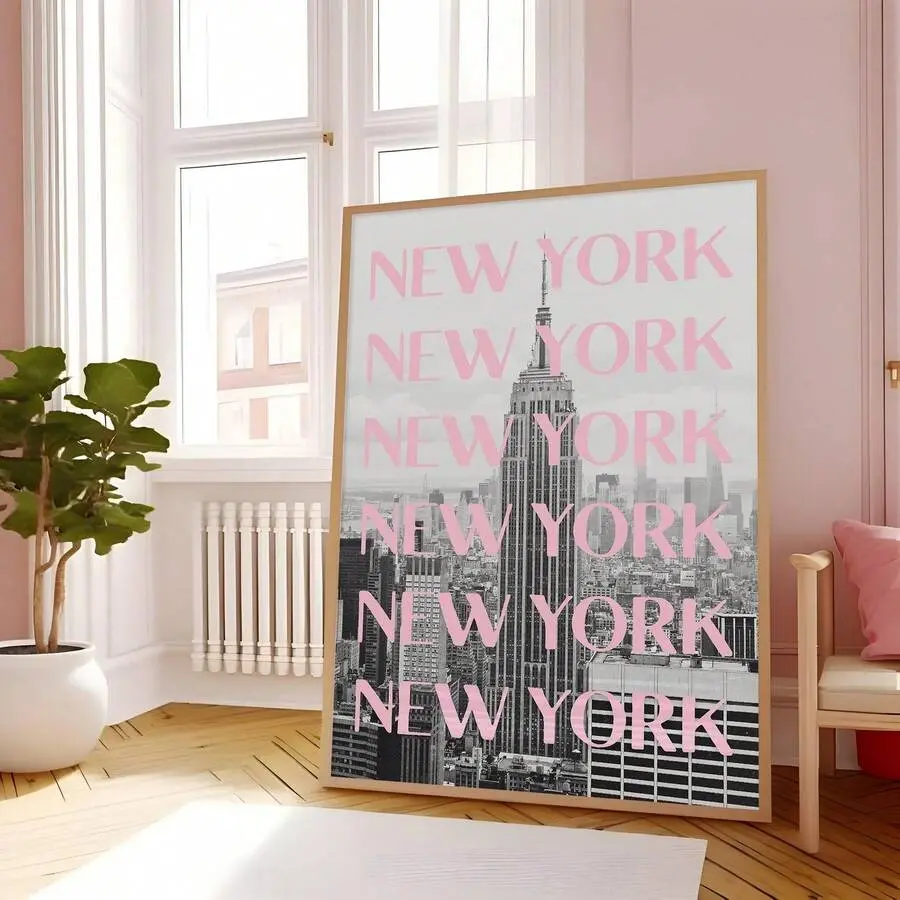 Unframed Pink "NEW YORK" Empire State Building Canvas Poster - Black and White NYC Skyline Print, Artistic Decoration Wall Art for Kid Room, 24 × 36 inches Home Supplies Wardrobe Accent