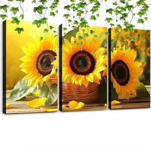 Charming Sunflower Basket Canvas Wall Art Set - 3Pcs  Framed 12X16 Inches  Sustainable Prints For Home & Office Decor Decor With Light Pictures For Walldecor with light pictures for wall
