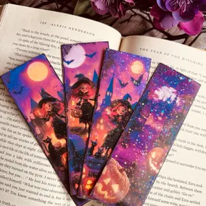 Witches Iridescent Bookmarks Long Laminated Sparkle While You Read Holographic Vinyl Overlay Sturdy Cardstock 7x2 Inches Perfect for Bookworms Black Cat Fall Design