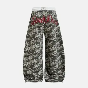 Inflation Full Camo Script Print Wide Leg Pants Contrast White Elastic Waist Front Abstract Icon Embroidery Adjustable Cuff Loose Casual Trousers