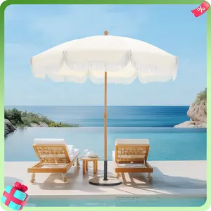PHI VILLA 7ft Patio Beach Umbrella with Fringe, UPF 50+ Canopy, 8 High Wind Proof Fiberglass Ribs, Fully Assembled, Carry Bag Available Outdoor Aesthetic Round,SpringGlowUp