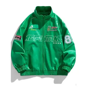 Men's vintage long-sleeved zip-up PU leather jacket, chic punk style loose bomber jacket, fall/winter stand-up collar biker jacket Casual Tops Menswear Coats Green Zipper