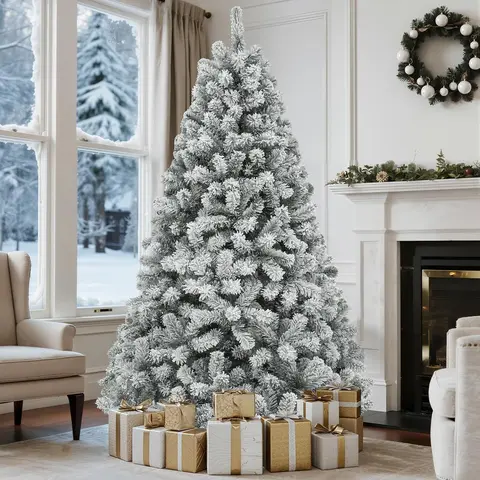 Yitahome 6/7.5FT(without Lights) Snow Flocked Christmas Tree, Snowy Spruce Hinged Artificial Christmas Tree with Branch Tips, Christmas Tree for Home, Party Decoration