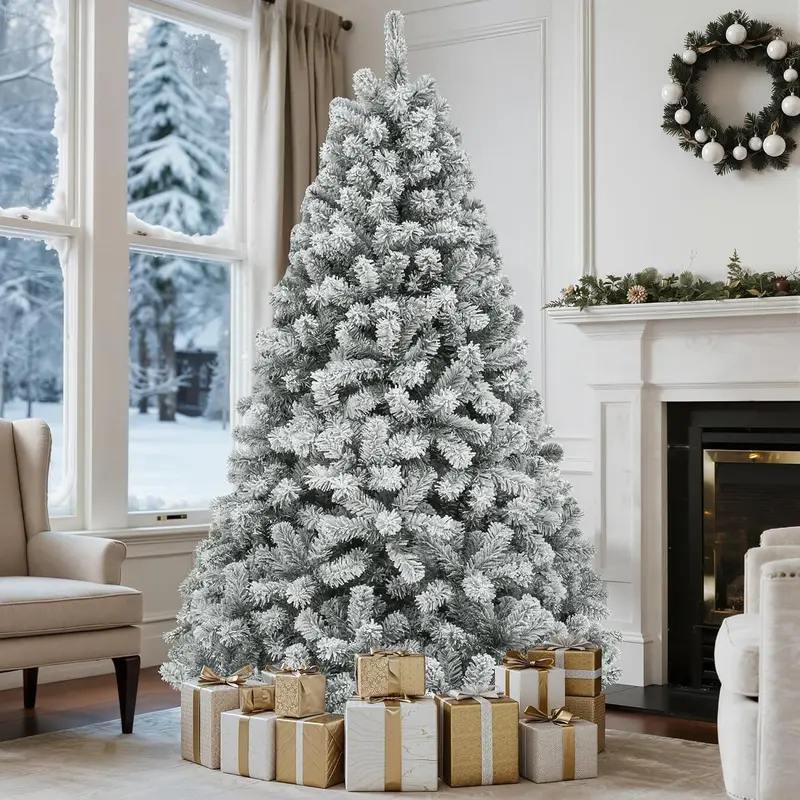 Yitahome 6/7.5FT(without Lights) Snow Flocked Christmas Tree, Snowy Spruce Hinged Artificial Christmas Tree with Branch Tips, Christmas Tree for Home, Party Decoration