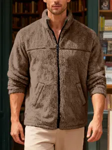 Men's outdoor windproof stand-up collar zipper jacket, fluffy warm soft and comfortable, suitable for daily outing, outdoor activities, home autumn and winter sleeve coat, men's jacket coat.