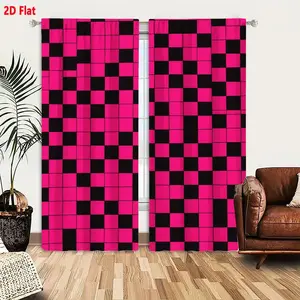 2D Flat  2-Pack Checkered Black and Magenta Square Pattern Curtains, Chessboard Design Light Filtering Window Drapes for Living Room Bedroom Decor