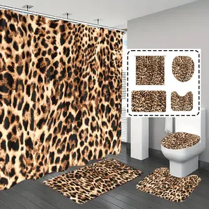 [Popular Choice]1pc/4pcs, bathroom curtains shower, bathroom set, shower curtains, Shower Curtain Sets, bathroom decor,bathroom rug, Home Decoration, bathroom mat, Leopard Pattern, Animal Pattern Theme Decoration, Bathroom Suit, with 12 hooks.