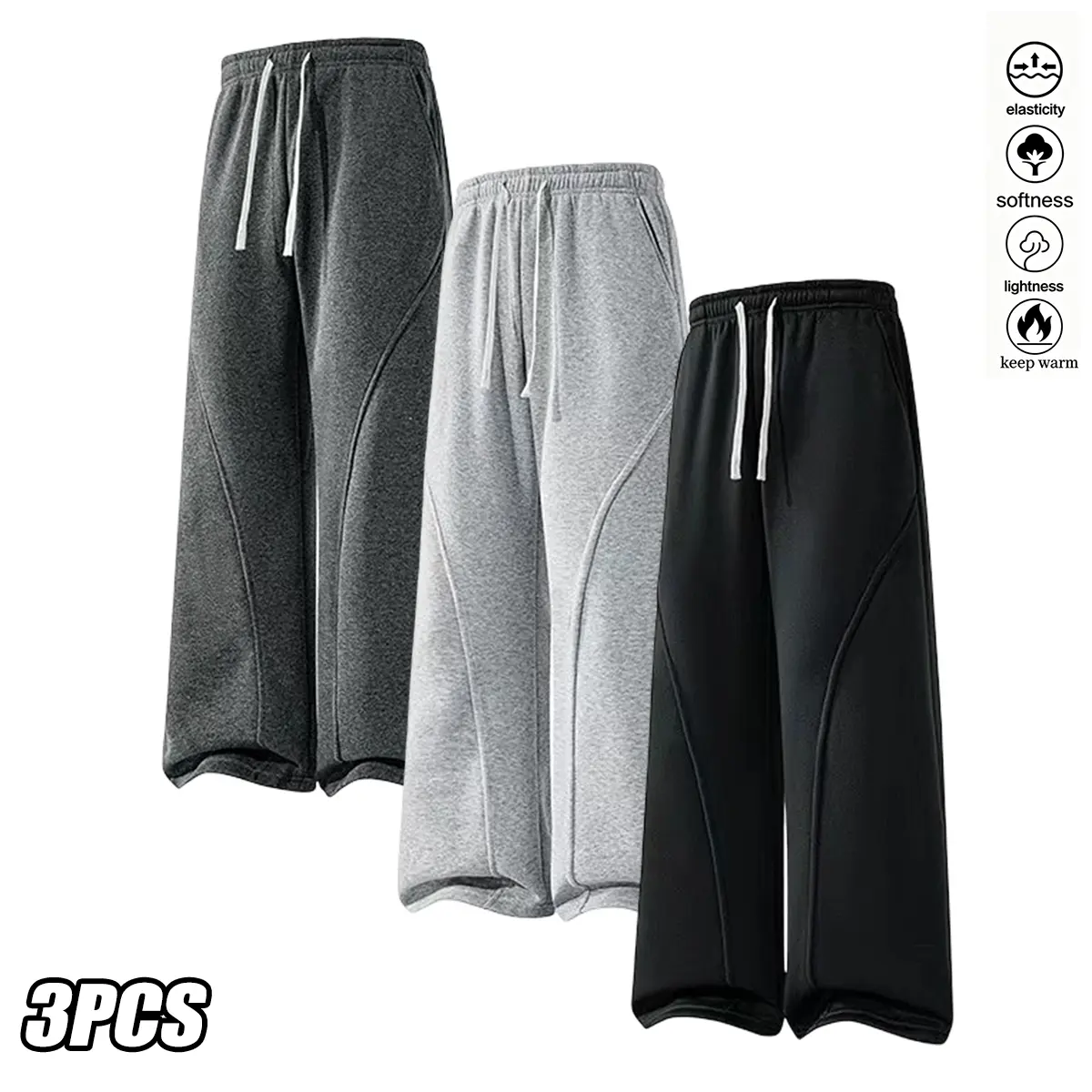 3-Pack Men's Baggy Loose Fit Sweatpants Joggers for Casual Sports, Streetwear & Lounge Wear - All-Season Warm Comfy Wide-Leg Straight Pants with Drawstring Waist, Pockets, Solid Color & Machine Washable