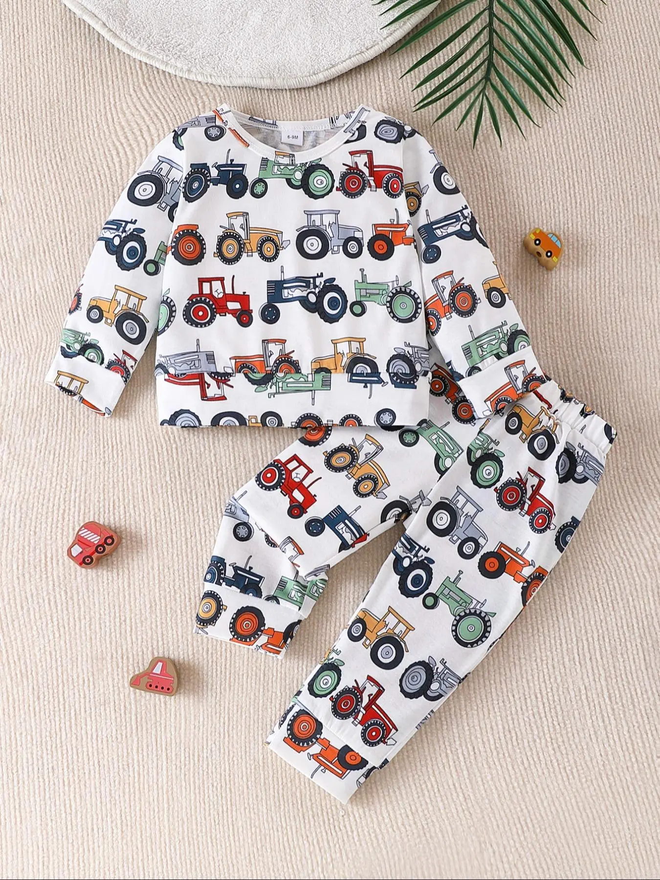 Construction Car Print Home Set, Graphic Print Set, Full Print Tractor & Engineering Vehicle Top and Pants, Comfortable Fit for Daily Use