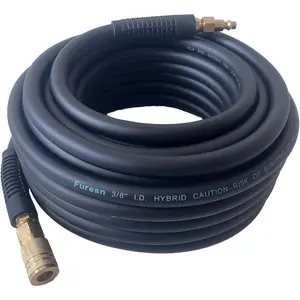 Air Hose 3/8 in x 50 ft, Heavy Duty, Lightweight, Kink Resistant, Hybrid Air Compressor Hose with 1/4 in Solid Brass Male Fittings, Bend Restrictors, 300 PSI (50FT, Black)