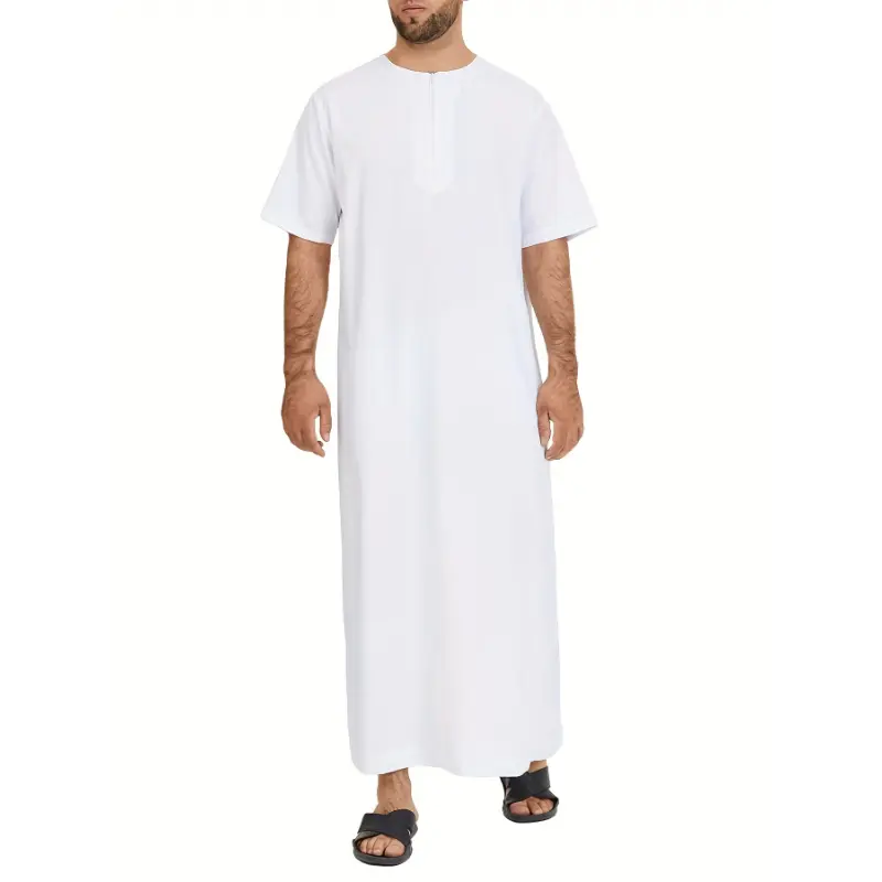 [Popular Choice] INCERUN Men's Vintage-Inspired Short Sleeve Kandora - Elegant White Arabic Robe with Zipper, O Neck, Casual Saudi Style, Machine Washable, 5XL, Solid, Jubba Thobe, INCERUN