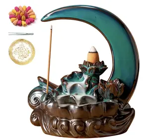 GARMOLY Moon Incense Burner with 60 Incense Cones + 30 Incense Stick Ceramic Waterfall Incense Burner Backflow Incense Holder for Aromatherapy Ornament Home Decor (Cyan)