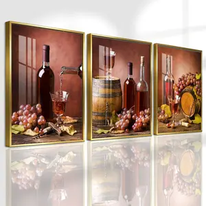 3 Counts Aluminum Alloy Framed Painting, Red Wine Bottles Grapes And Wooden Barrel Pictures, Home Decoration For Living Room, Bedroom, Office, Restaurant, Hallway Wall Decor, Odorless Print Artwork, Luxury Perfect Gift For Friends And Family