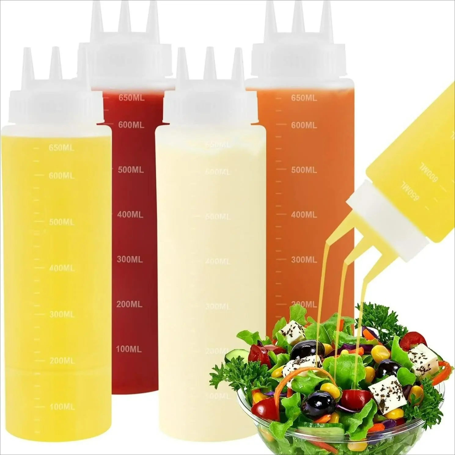 4 Packs 22 oz Condiment Squeeze Bottles for Sauces, 3 Holes Sauce Squeeze Bottle - Leak Proof Oil, Syrup Dispenser, Dressing Squirt Bottles, Cooking Kitchen Gadgets, Olive Oil Dispenser, Cooking Oil Container