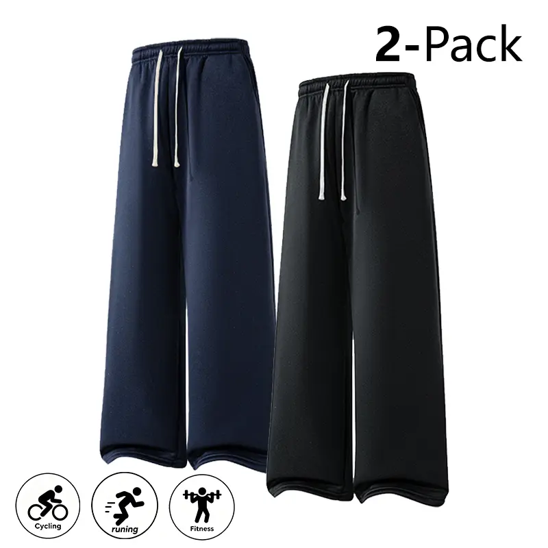 Men's 2-Pack Solid All-Season Loose-Fit Straight-Leg Pants - Soft, Comfortable, with Side Pockets, Drawstring, Standard Sizes for Casual, Athletic, Lounge Use, Joggers