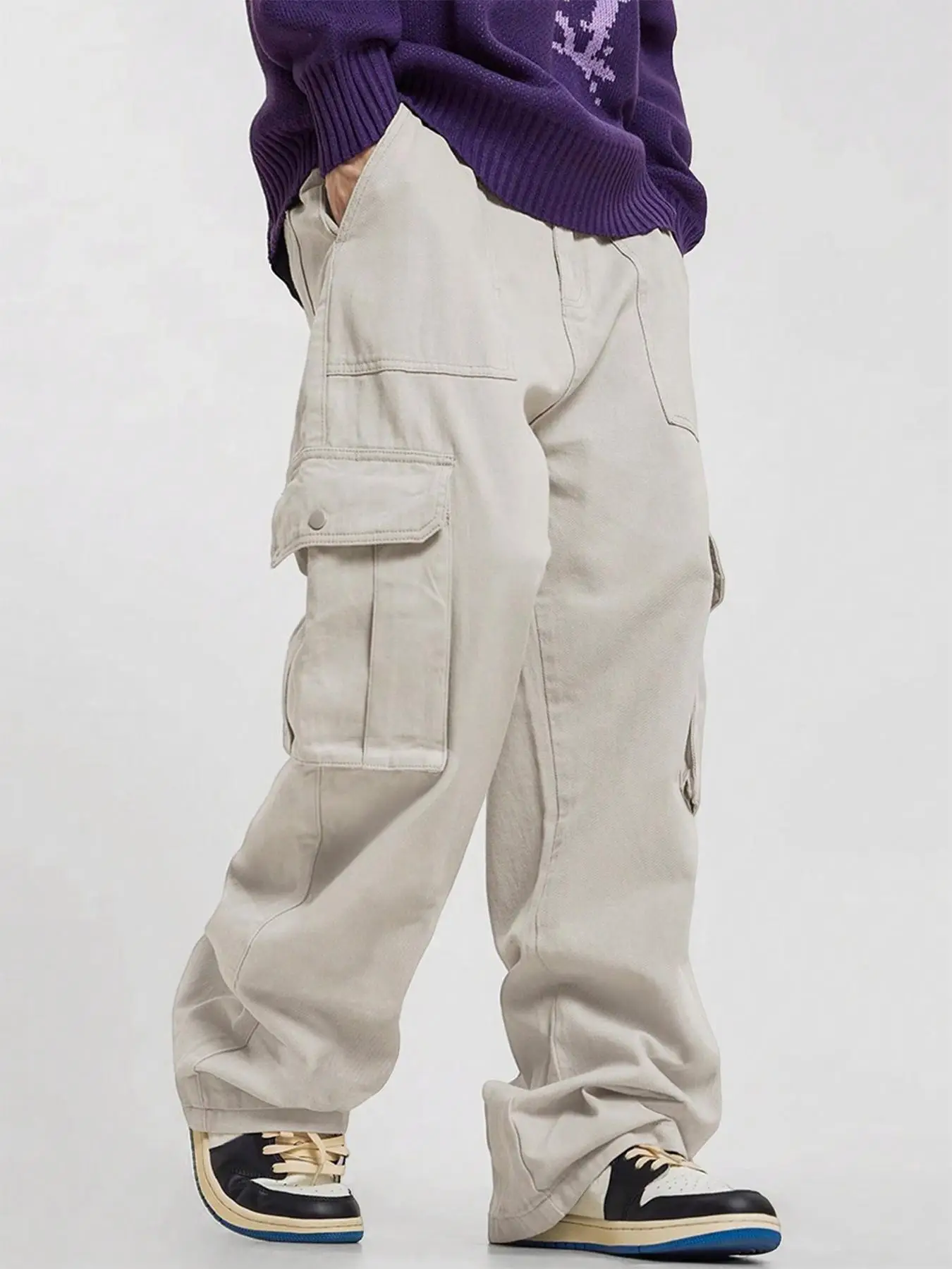 Men's Solid Flap Pocket Drawstring Waist Cargo Pants, Loose Street Fashion Streetwear Multi-pocket Work Trousers, 2000s Comfy Pants, Cargo Pants for M