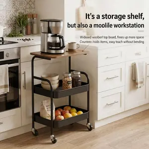 2-Tier Rolling Utility Cart with Wood Top & Swivel Wheels - Multi-Functional Metal Frame Storage Organizer for Kitchen, Bedroom & Small Spaces