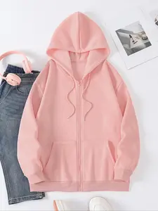 Women's Solid Color Drop Shoulder Long Sleeve Zip Up Hoodie, Basic Casual Drawstring Pocket Hooded Jacket for Daily Holiday Outdoor Wear, Ladies Clothes for Spring & Fall, Designer Hoodie, Womenswear