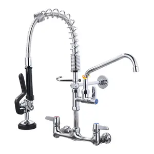 WOWOW Commercial Triple Handle Wall Mount 21. Pull Down Sprayer Kitchen Faucet with Pre-Rinse Sprayer Solid Brass in Chrome