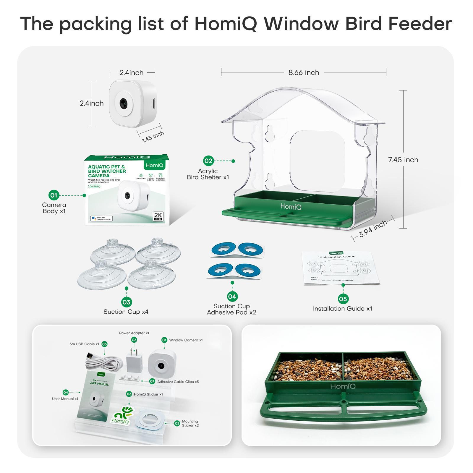 HomiQ Ai Smart Window Bird Feeder with 2K AI Camera – Auto Bird Species Recognition & Instant Alerts, Strong Acrylic, Starlight Night Vision, Anti-Glare, 5GHz WiFi, 24/7 Recording – Great Gift for Kids & Bird Lovers
