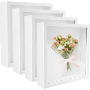 4 Pack 8"x 8" Shadow Boxes Frame Display Cases Wood Deep Shadowbox for Photos, Dried Flowers, Handicrafts Picture Frames for Wall Tabletop (White, 8x8)