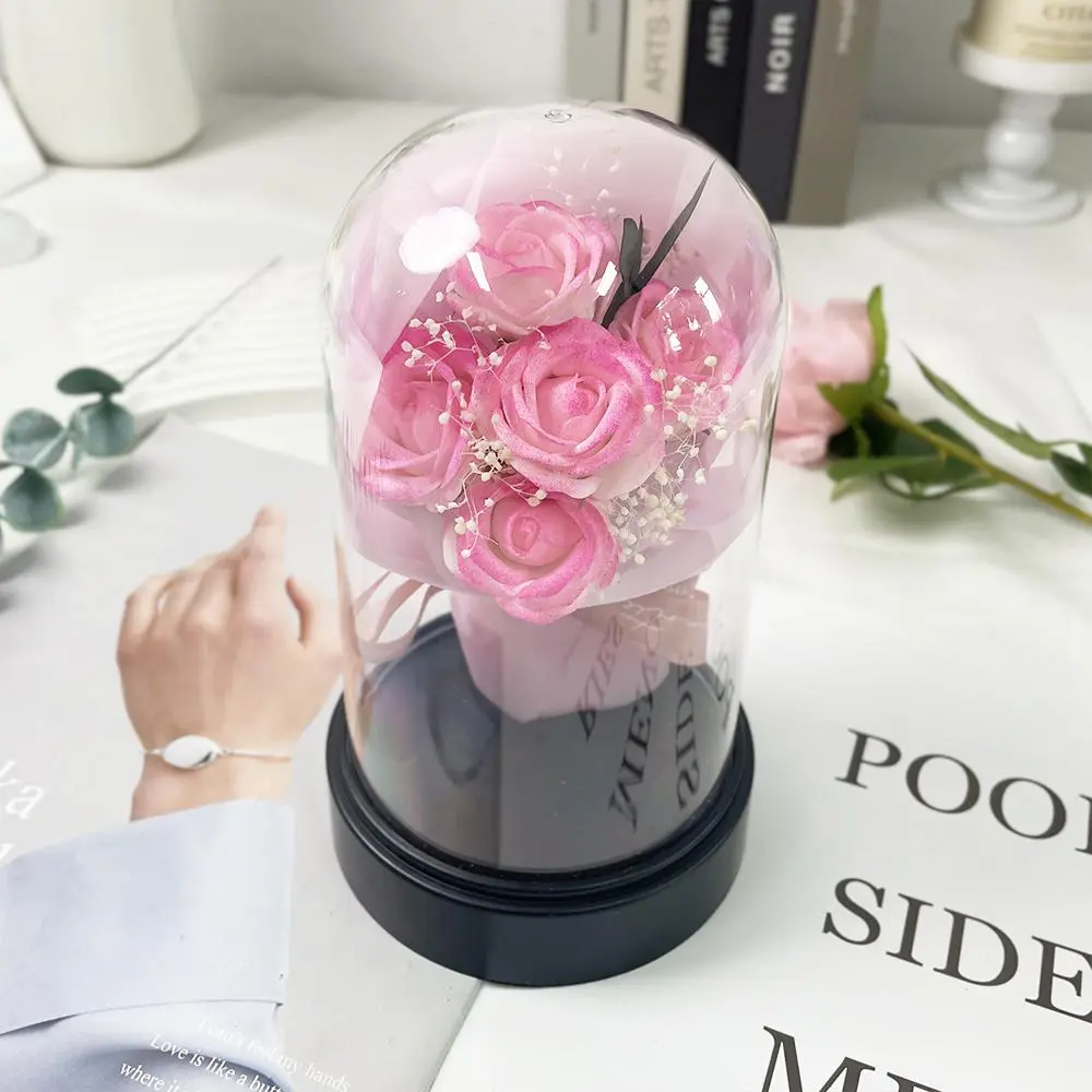 Artificial Rose with Acrylic Cover, Mini Bouquet with Gift Card, Flower Gift for Teachers, Graduation Season Present, Wedding Decoration, Fruit, Artificial Roses Bouquet
