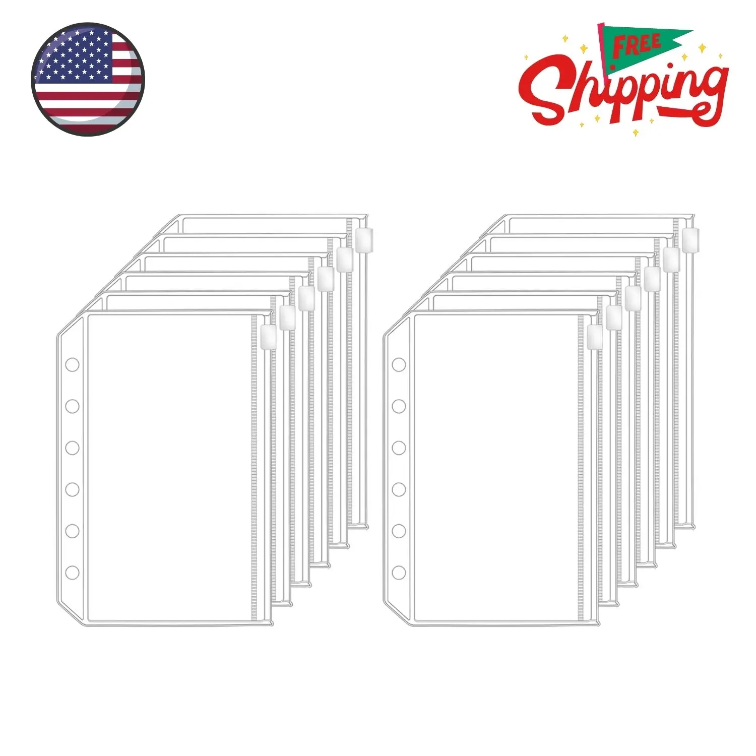 12pcs A7 Mini Binder Pockets with Zipper, 6 Holes