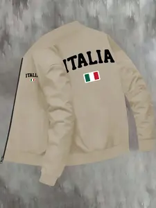 Men's Italy Flag Print Zip Up Jacket, Regular Fit Casual Long Sleeve Baseball Collar Outerwear for Fall & Winter, Men's Clothes for Daily Wear, Coats