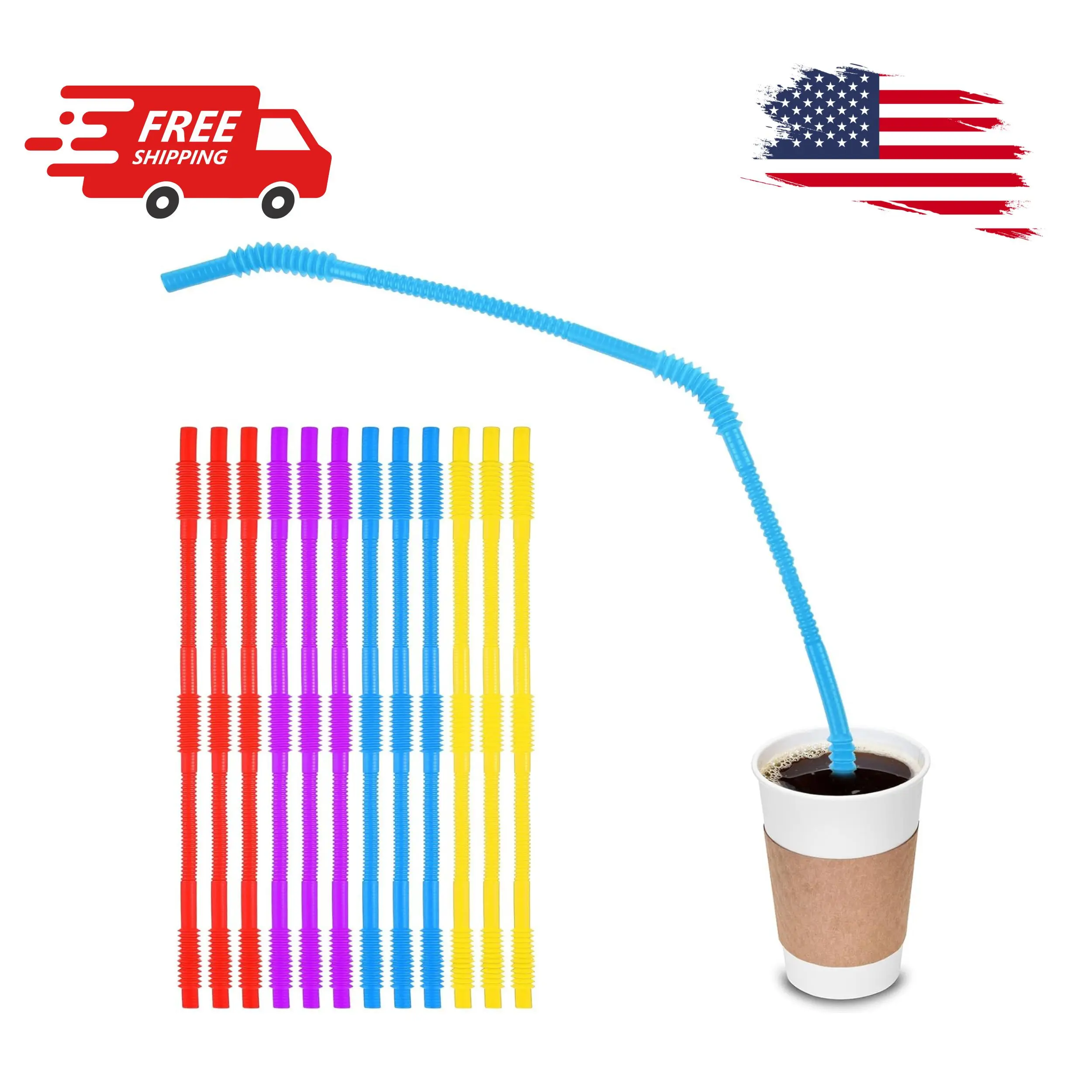 12 Pieces Flexible Drinking Straws Extra Long Bendy Plastic Straws (Red, Yellow, Blue, Purple, 22 Inches)