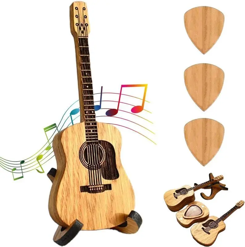 Wooden Guitar Pick Box with Stand - 3PCS Unique Guitar Picks Mini Storage Box for Guitarists Portable Handcrafted Guitar Picks Storage Container for Weddings Birthdays Anniversaries Gift-YY