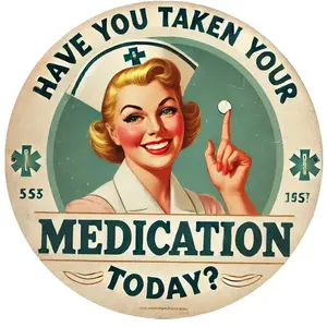 2D Flat Pack, Medication Reminder Vintage Metal Sign, Round Iron Wall Art, 8.0x8.0inch, Suitable for Bars, Cafes, Clubs, Kitchens - Retro Pharmacy Themed Tin Plate