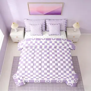 7 Pieces Purple Plaid Comforter Set,Kawaii Flower Grid Bedding Set,Geometric Square Checkerd Bed in A Bag with Comforter,Fitted Sheet,Flat Sheet and Pillowcases,Girls Room Decor