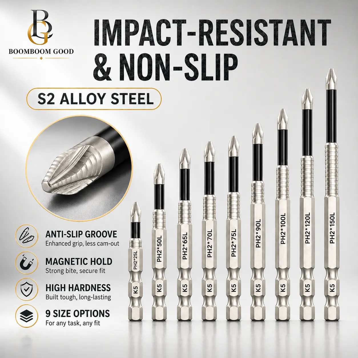 K5 Impact-Resistant and Non-Slip Bit,Impact Driver Bit Set,Titanium Alloy Impact Non-Slip Cross Head,High Magnetic Screwdriver Drill Bit