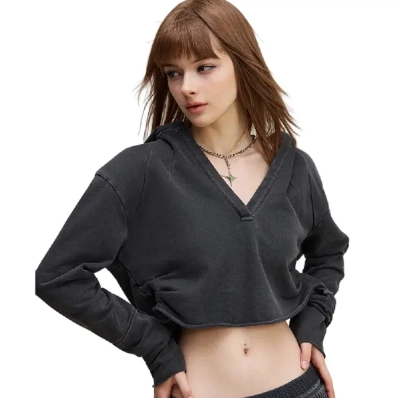 Arssm Women’s Hooded Crop Top Sweatshirt, V Neck Long Sleeve Hoodie Pullover, Casual Fall Outfits Trendy Cropped Hoodie for Women Sweatshirts