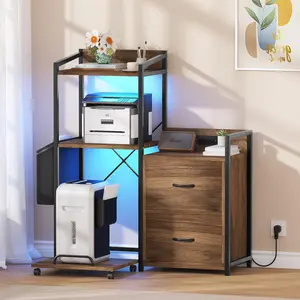 38" Industrial Office File Cabinet with LED Lights & Charging Station – 2 Drawers, Power Strip, Open Shelf, Heavy Duty Printer Stand – Large Storage for Printer, Fax, Shredder, PC Tower