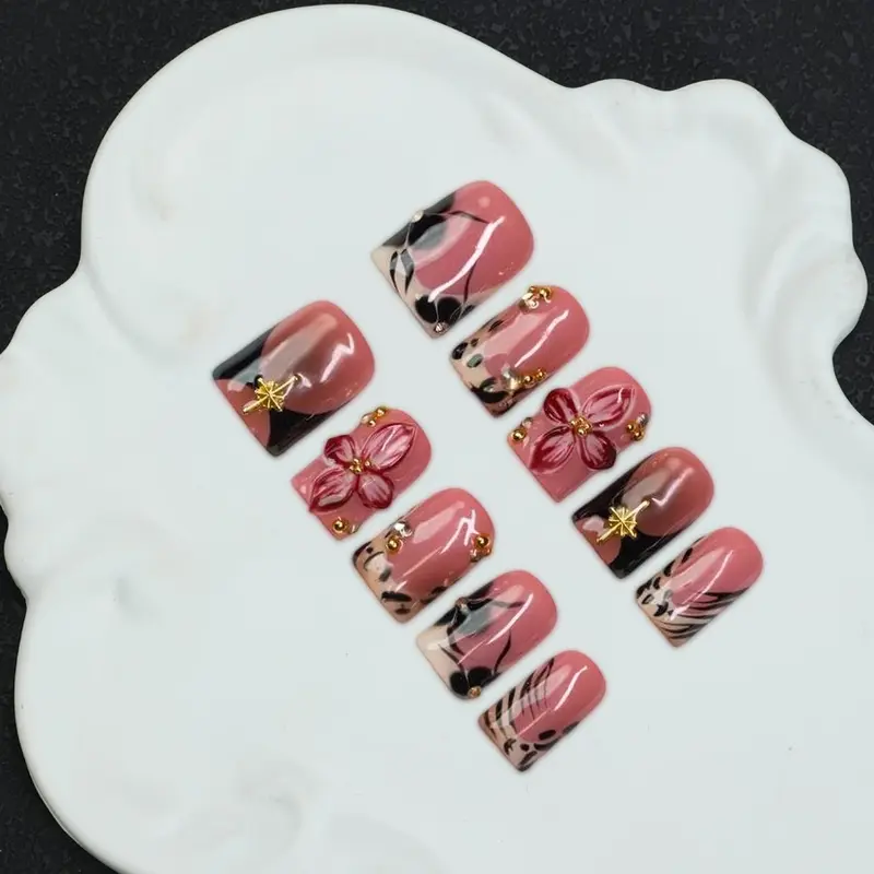 10pcs/Set Handmade Square Nail Tips, Diy Nails, Nails Press Ons, False Nail Set, Y2K Baddie Style, Nude & Brown With French Tips, Rhinestone Designs, Acrylic Nails, Suitable For Party, Wedding, Daily Wear, Comes With Tool Kit, Gift For Women & Girls