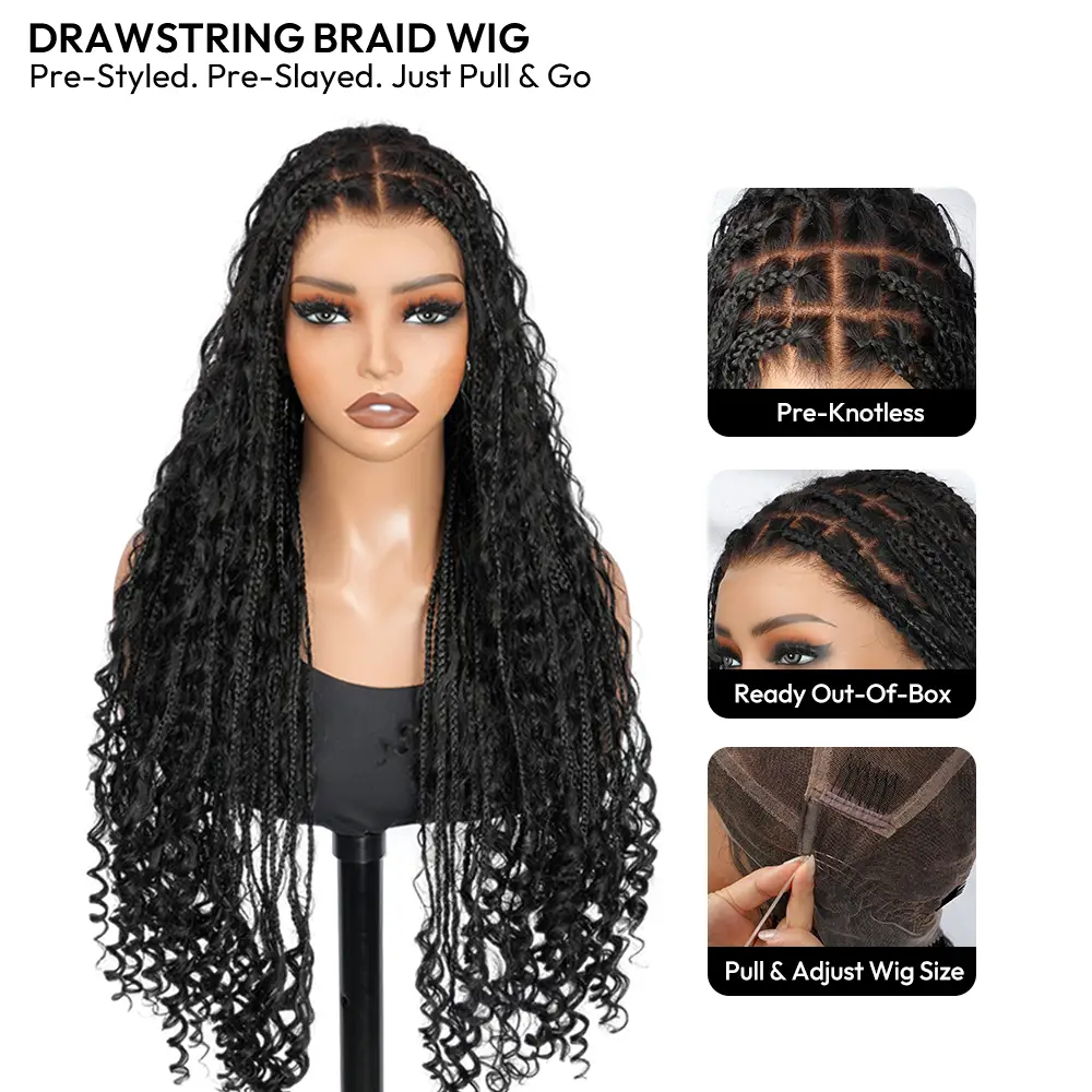 SuperNova Flexi-Fit Invisi Drawstring Full Lace Knotless Boho Braided Wig 26” Human Hair Knots on Lace & Human Hair Curls Lightweight Synthetic Braids