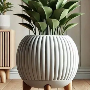 Modern Ribbed 3D Printed Planter Pot with Wooden Legs, Stylish Home Decor Accent