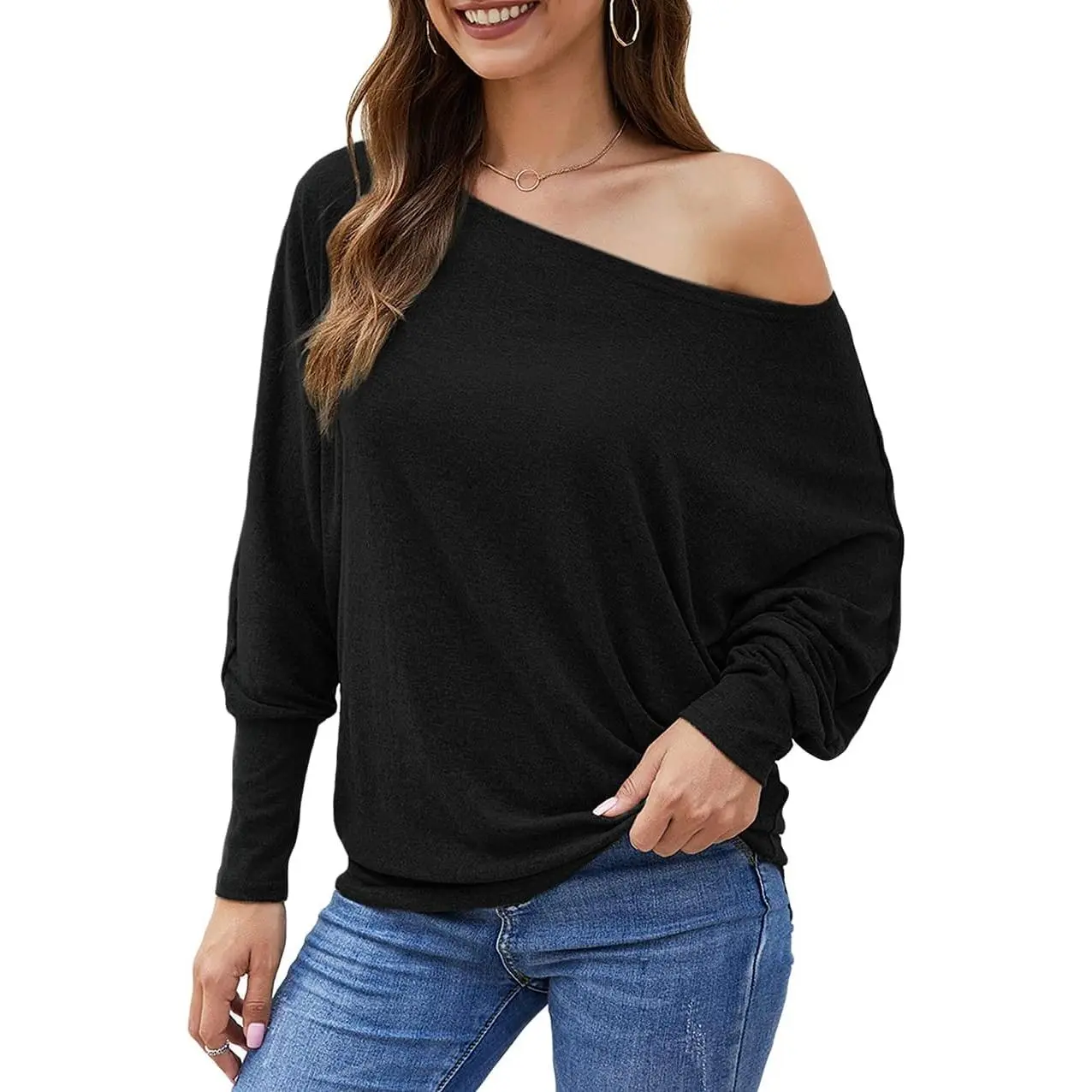 Women's Cute & Sexy Off-The-Shoulder Batwing Sleeve Oversized Pullover Tunic Top - Soft Wine Red Long-Sleeve Casual Sweater for Fall, Valentine's Day Gift, Plain, Comfy, Fashion Shows, Flattering, Easy To Pair, Low-Maintenance