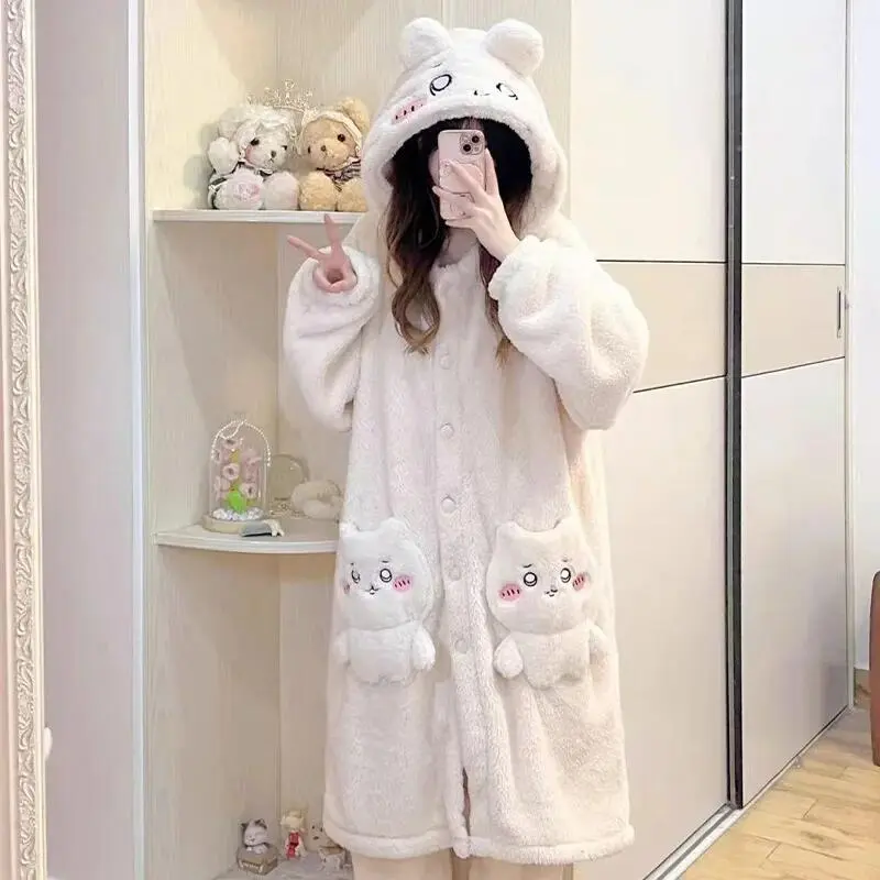 Anime chiikawa winter plush thick pajamas cartoon cute warm usag pajamas chiikawa coral fleece nightgown women's home suit set