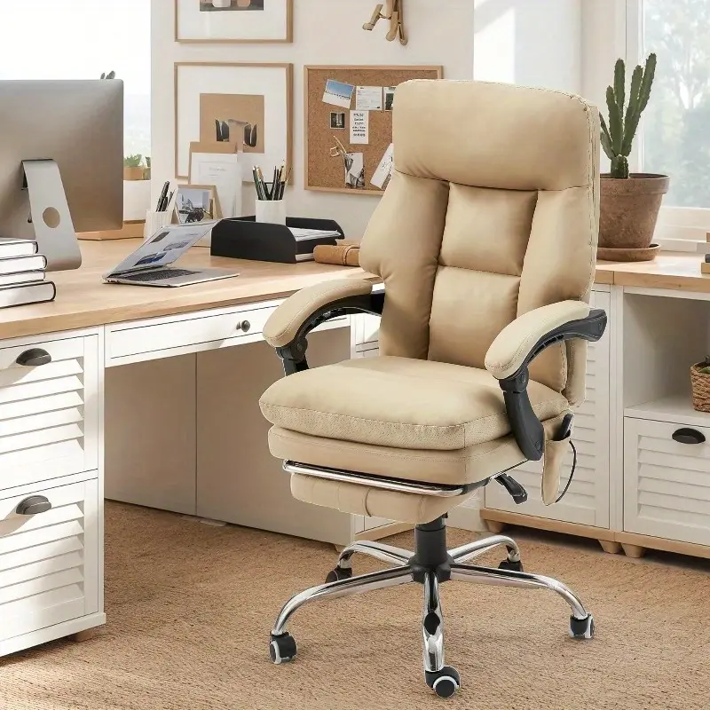 Khaki Ergonomic Office & Gaming Chair 6-Point Vibration Massage, Height & Angle Adjustable, Padded Armrests, 360° Swivel Rolling - Perfect for Office, Bedroom & Study