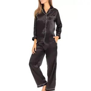 ADR Long Sleeve Satin Pajama Set for Women, Satin PJs for Women Set, Womens Satin Pajama Set Black with Cream Piping XL