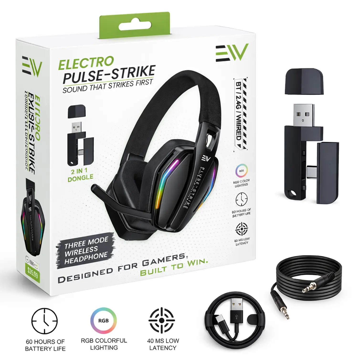 Wireless Gaming Headset with Mic, RGB Over-Ear Bluetooth 5.3 Headphones, 2.4G Low Latency Surround Sound, Noise Cancelling, 60H Battery for PC PS5 PS4 Xbox Mobile Switch
